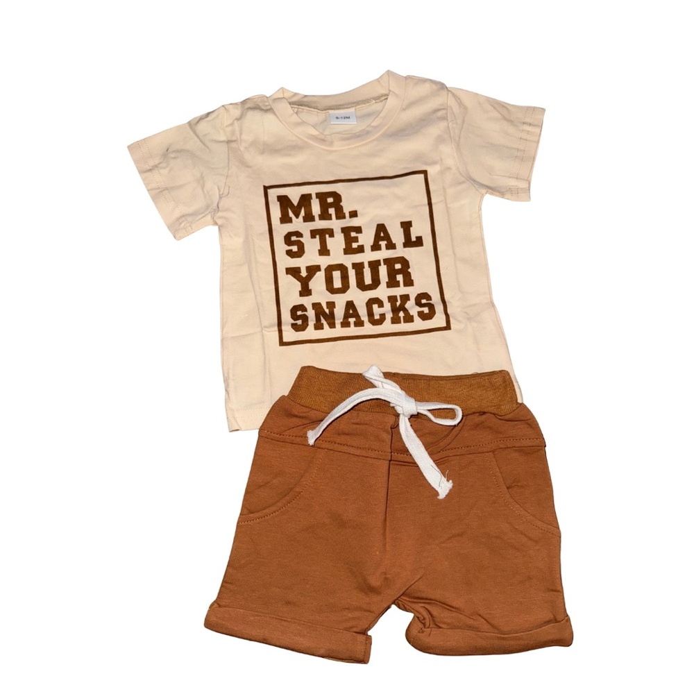 Mr steal your snacks kids set, cream and Brown Kids Snack Short Set